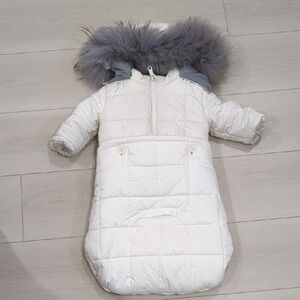 White Quilted Baby Snowsuit with Fur Trim Size 9 Months Car Seat Safe.